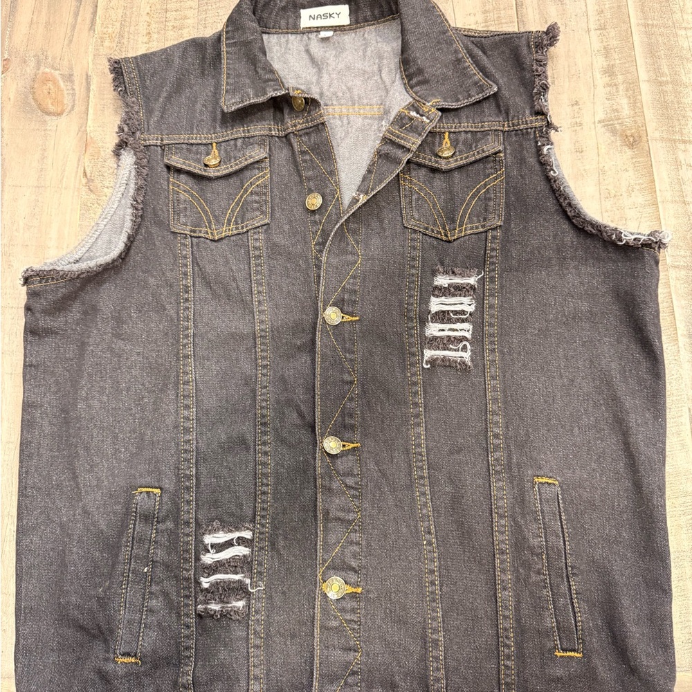 Sky Men's Distressed Black Denim Vest
